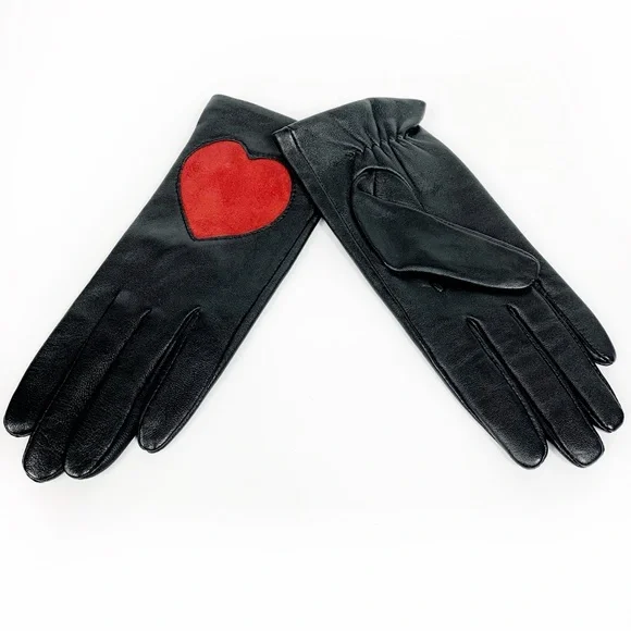 Aqua Leather Gloves w/ Red Suede Heart • Luxe Black NWT Gloves • Gift-Ready $129